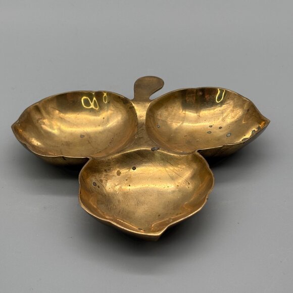 Vintage Brass Leaf Divided Dish Three-Section Nut Bowl Decorative Serving Piece - Picture 2 of 6